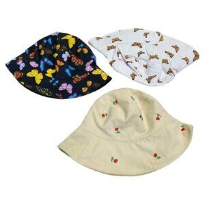 Summer Beach Sun Bucket Hats Monarch Butterflies Embroidered Cherries 3-PC Set